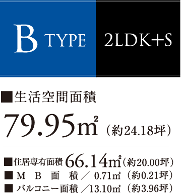B Type 2LDK+S Lʐ66.14[gi20.00؁j MBʐρ^0.71[gi0.21؁j oRj[ʐρ^13.10[gi3.96؁j Ԗʐ 79.95[gi24.18؁j