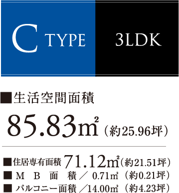 C Type 4LDK Lʐ71.12[gi21.51؁j MBʐρ^0.71[gi0.21؁j oRj[ʐρ^14.00[gi4.23؁j Ԗʐ 85.83[gi25.96؁j